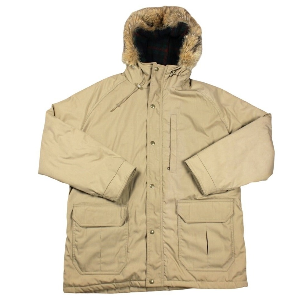 Vintage Woolrich Parka Mens M Beige Coyote Fur Hood Blanket Lined Made USA